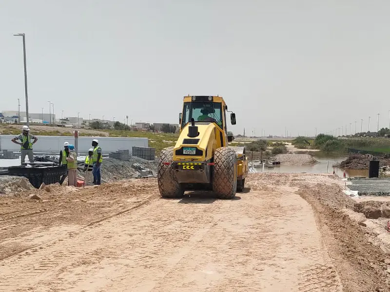 Foundation stabilization and soil compaction works using heavy roller equipment by Osool AlRoyah General Contracting in the UAE