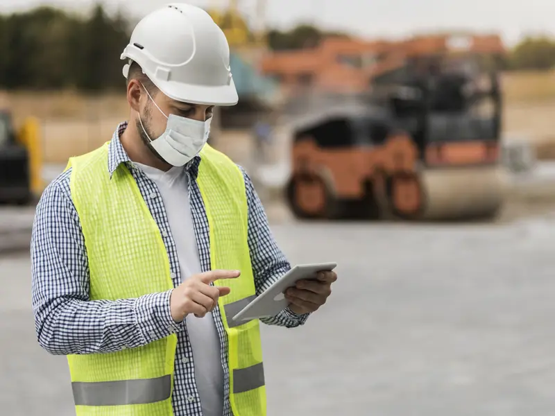 Site engineer conducting quality inspection using a tablet at a construction project by Osool AlRoyah in the UAE